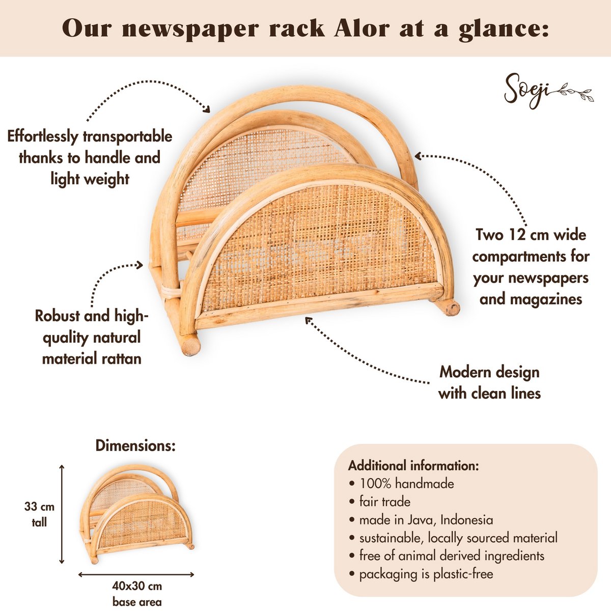 Rattan Newspaper Rack – Magazine Holder – Boho Newspaper Basket – Handmade Rattan Newspaper Holder ALOR