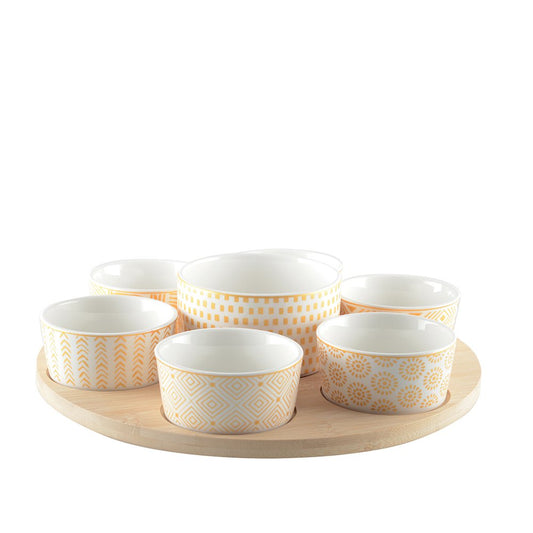 Snacks set of 7 bowls on round wooden tray