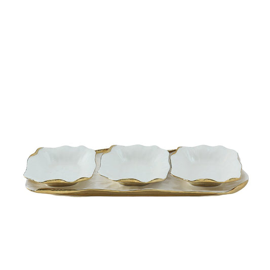 Snacks set of 3 bowls on a white porcelain tray with golden edges