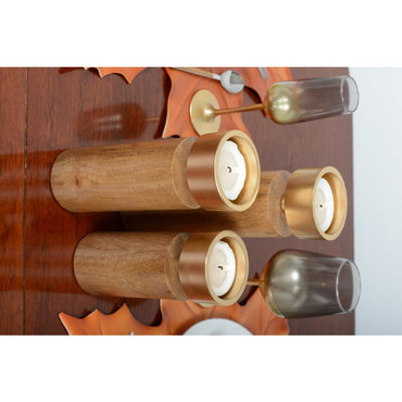 Wood and golden metal candle holder 27cm