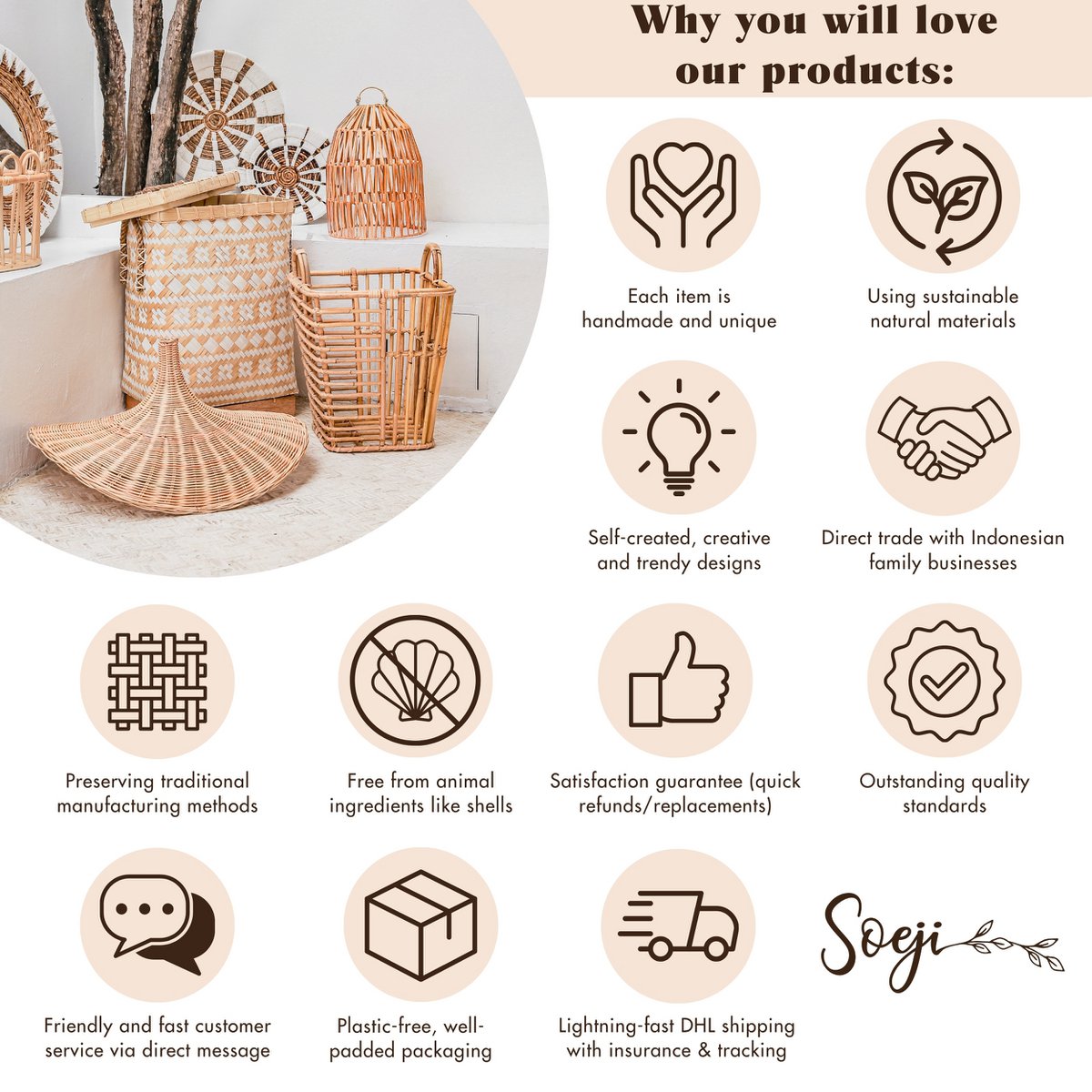 Storage Basket with Lid  – Shelf Basket made from Beige Rattan – Handwoven Decorative Basket GRAHA (2 sizes)