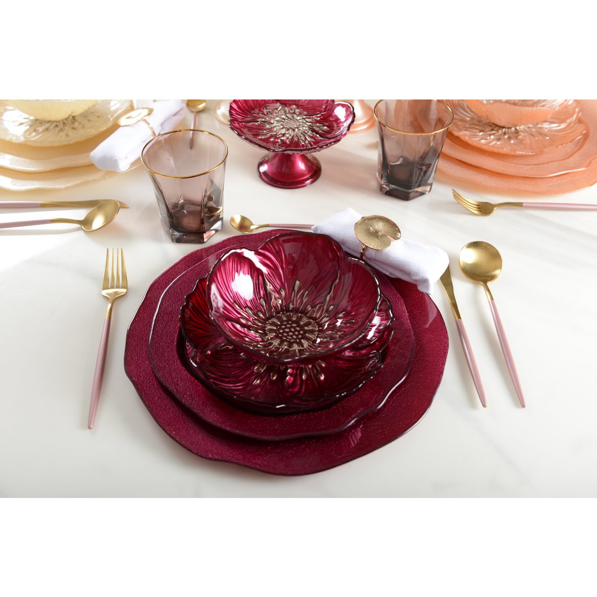 Boudoir glazen dessertbord – Fuchsia bloemvorm, 21,5 cm