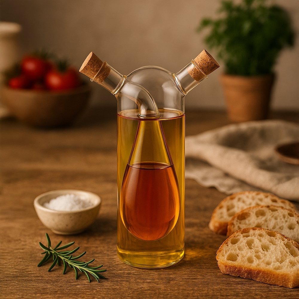 Glass oil and vinegar dispenser with dual spouts for easy pouring