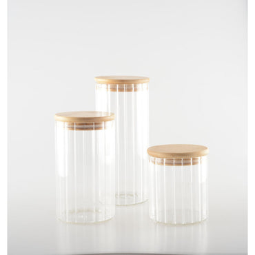 Transparent glass jar with bamboo top perfect for dry kitchen ingredients