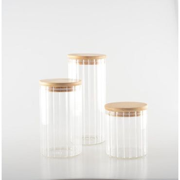 Elegant glass storage jar with bamboo lid for kitchen use