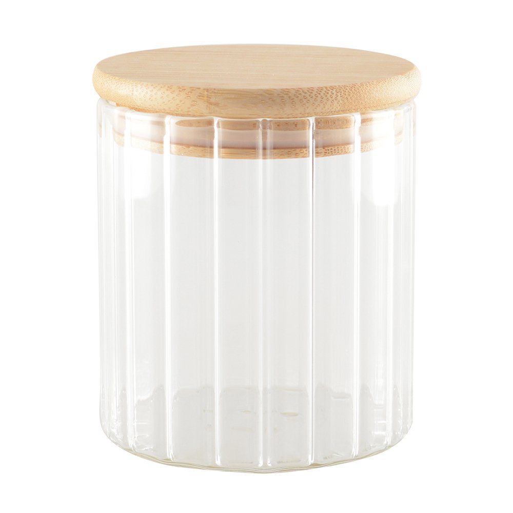 Glass storage jar with wooden lid for airtight kitchen storage