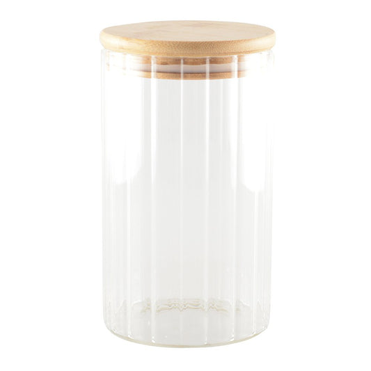 Elegant glass storage pot with wooden lid for airtight food storage
