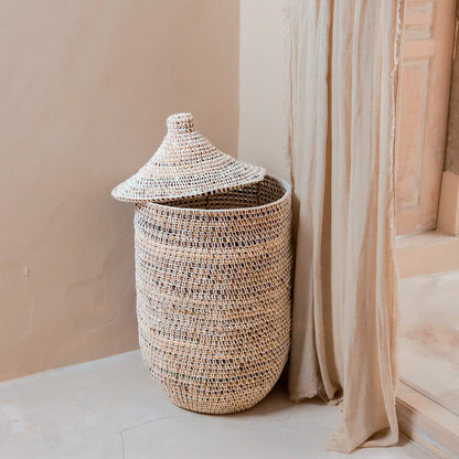 Handwoven Banana Fibre Basket KAJA with lid and metal frame