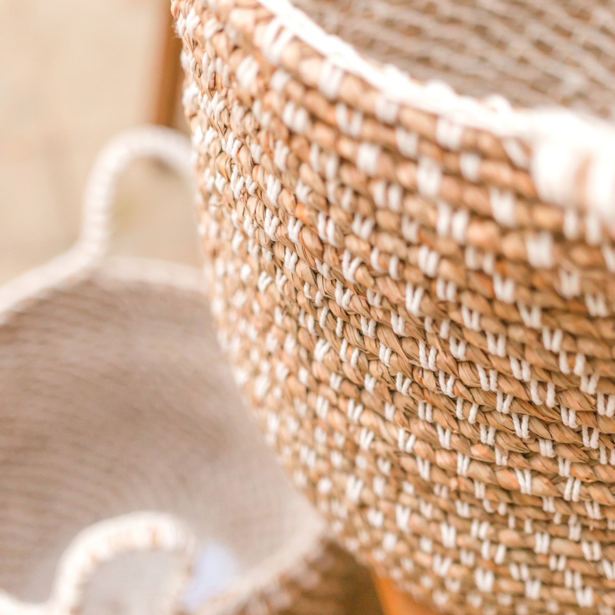 Handwoven Banana Fibre Laundry Basket with Cotton Macrame for home use