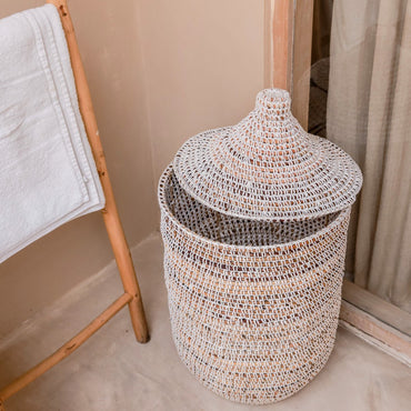 Handwoven KAJA Banana Fibre Basket with lid for laundry room
