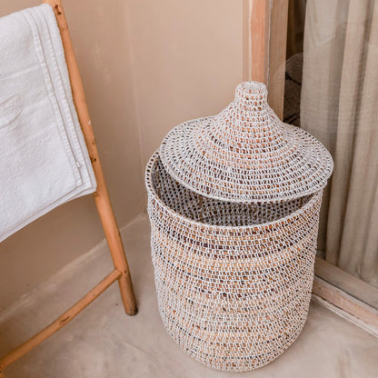 Handwoven KAJA Banana Fibre Basket with lid for laundry room