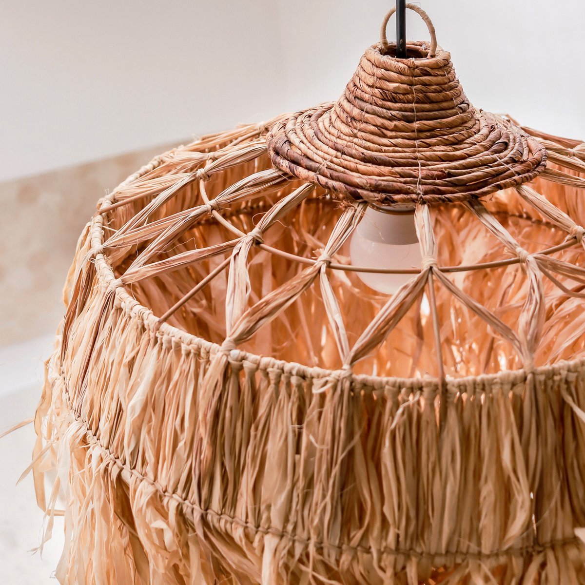 Handwoven Raffia Lamp KAWI basket with boho style ceiling design