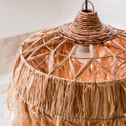 Handwoven Raffia Lamp KAWI basket with boho style ceiling design
