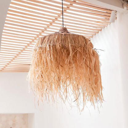 Handwoven Raffia Pendant Lamp KAWI basket creates warm natural glow