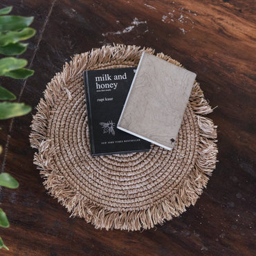 Handwoven Raffia Table Placemat Round with fringe edges for decor