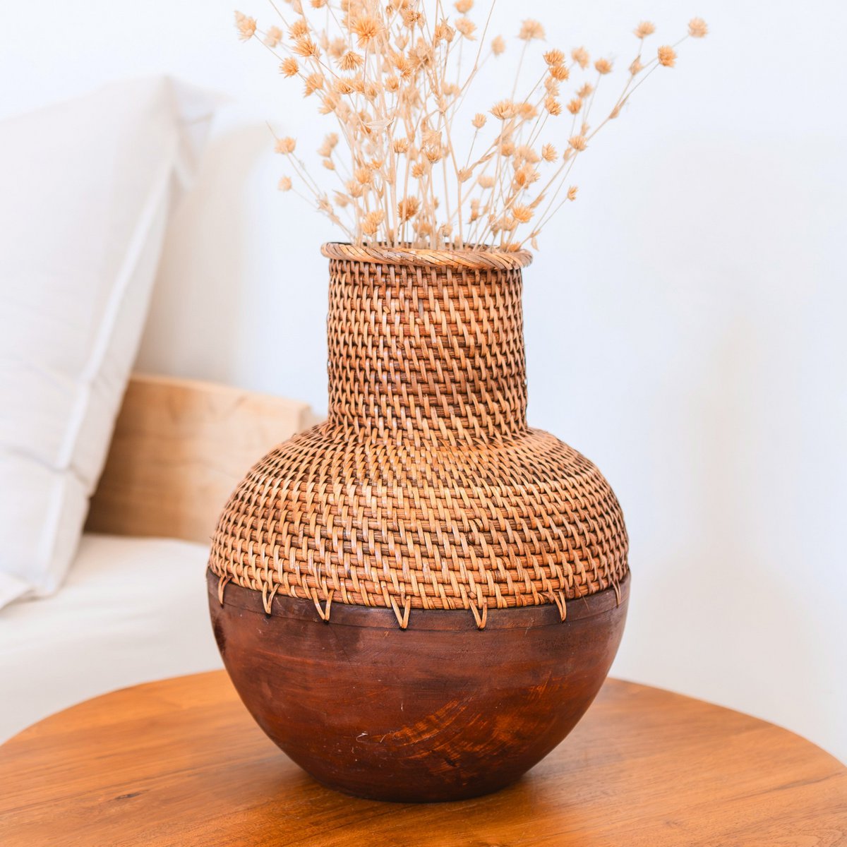 KAMARI brown rattan vase wooden basket boho decor for dried flowers