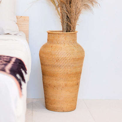 KIDUNG Large Round Rattan Vase – Handmade Tall Boho Floor Vase - CozyVibe.eu