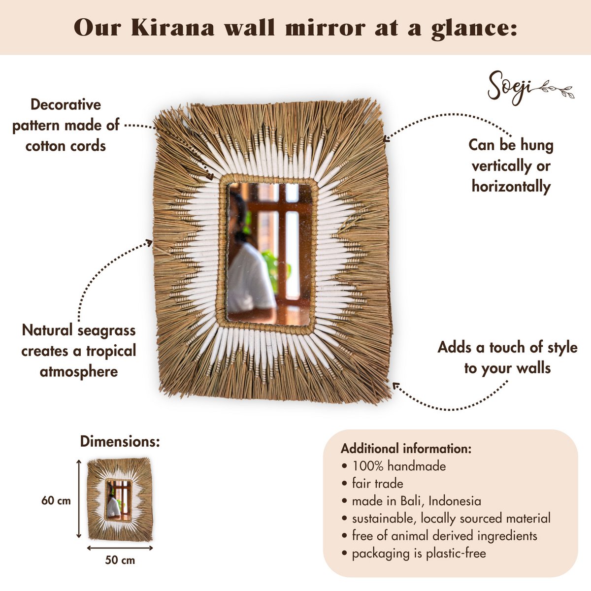 Wall mirror with seagrass and white cotton pattern for cozy home décor by CozyVibe

