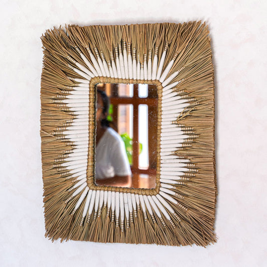 KIRANA Wall Mirror seagrass basket with white cotton pattern frame