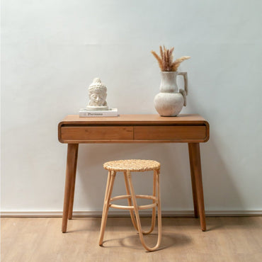 KOLAKA natural rattan basket stool with three wooden legs