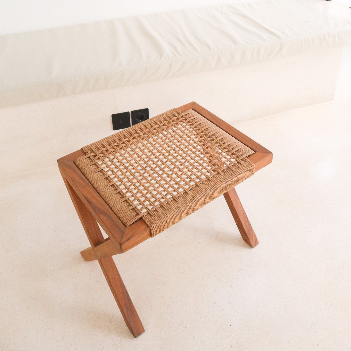 Boho-style wooden stool for living room décor by CozyVibe

