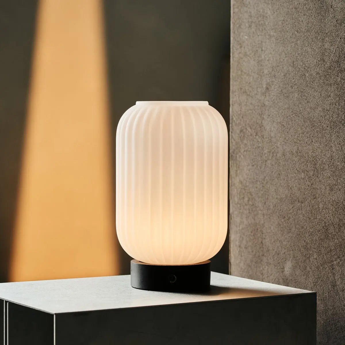 Lilly Rechargeable Lamp – Frosted Glass bedside light with wooden base