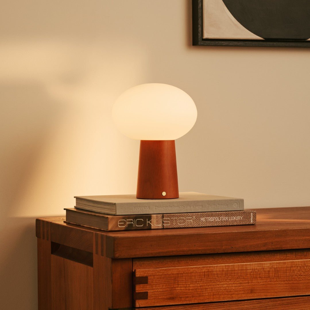 Max Chestnut – Wooden Lamp – Rechargeable chestnut lamp on cabinet with warm glow
