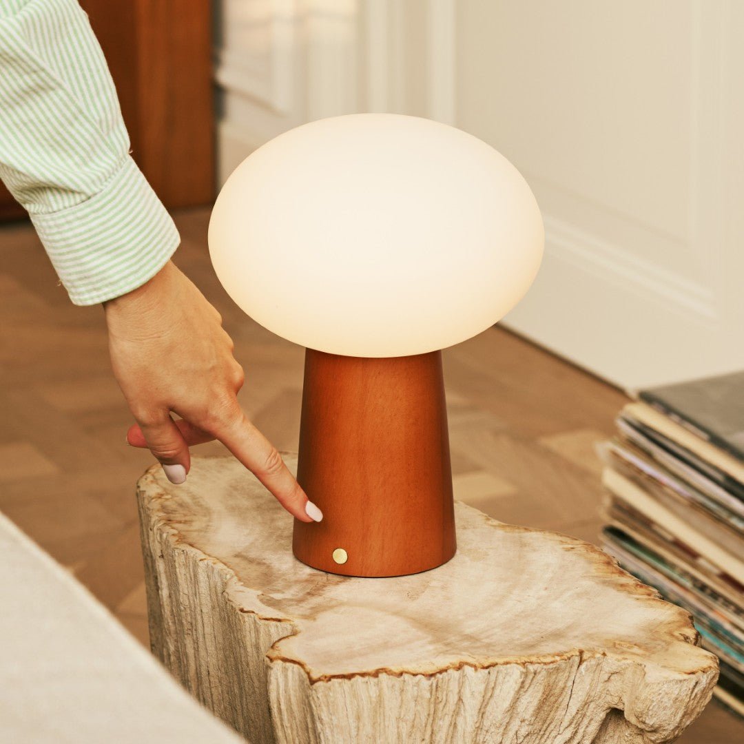 Max Chestnut – Wooden Lamp – Compact cordless lamp for bedside nightstand use
