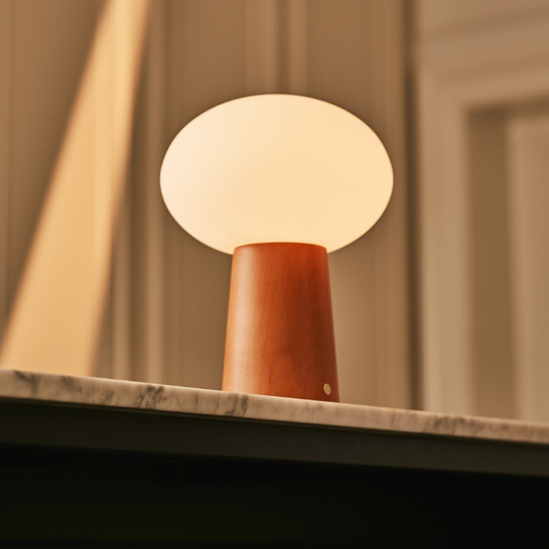 Max Chestnut – Wooden Lamp – Frosted glass sphere lamp with wooden base