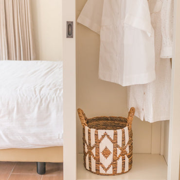 Nasari banana fibre basket decorative storage with white macrame design
