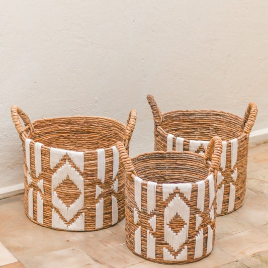 Nasari banana fibre basket handmade storage with macrame cotton pattern