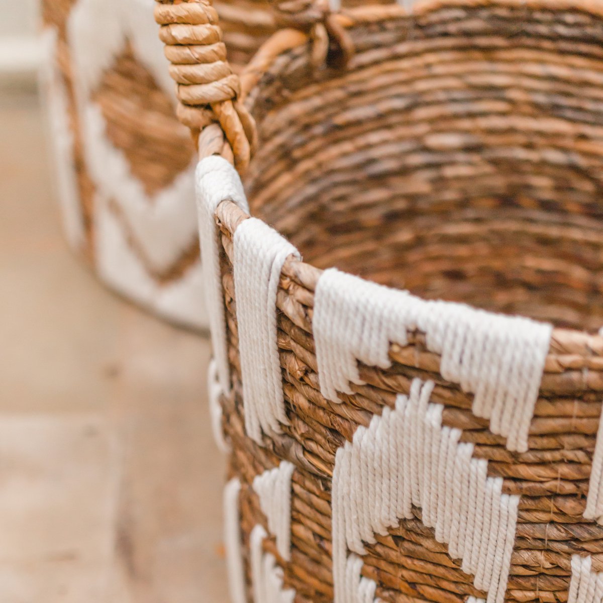 Nasari banana fibre basket elegant woven design with cotton macrame pattern