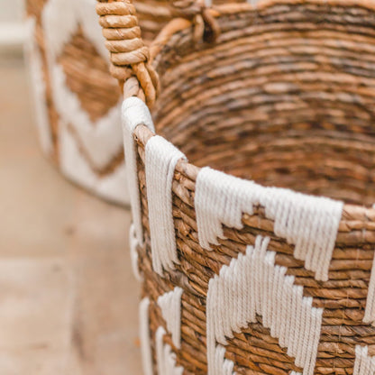 Nasari banana fibre basket elegant woven design with cotton macrame pattern