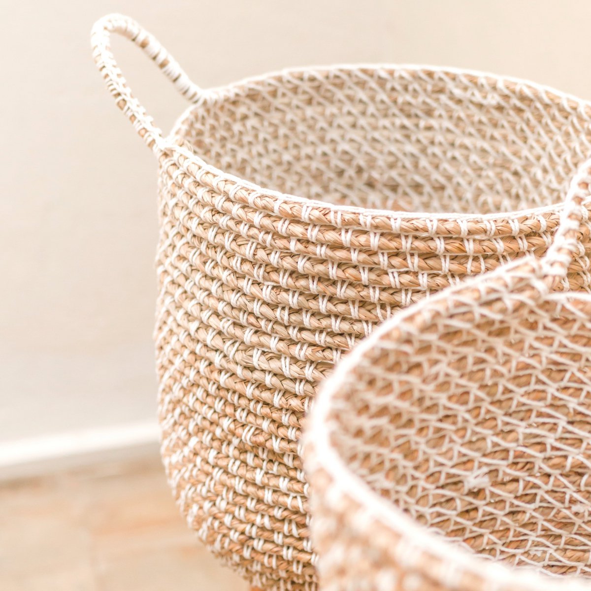 Natural Banana Fibre Basket with Cotton Macrame pattern for laundry