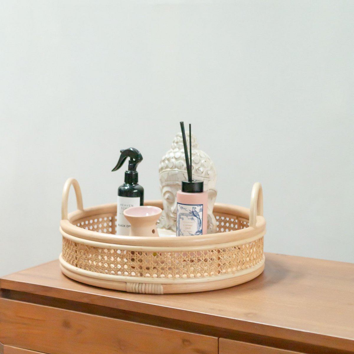 NEIRA rattan basket tray used for serving breakfast or styling decor
