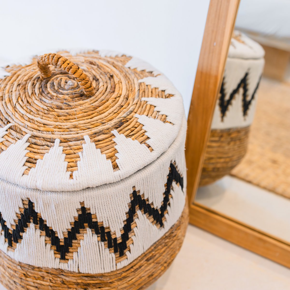 Palem woven banana fibre basket with cotton pattern for laundry