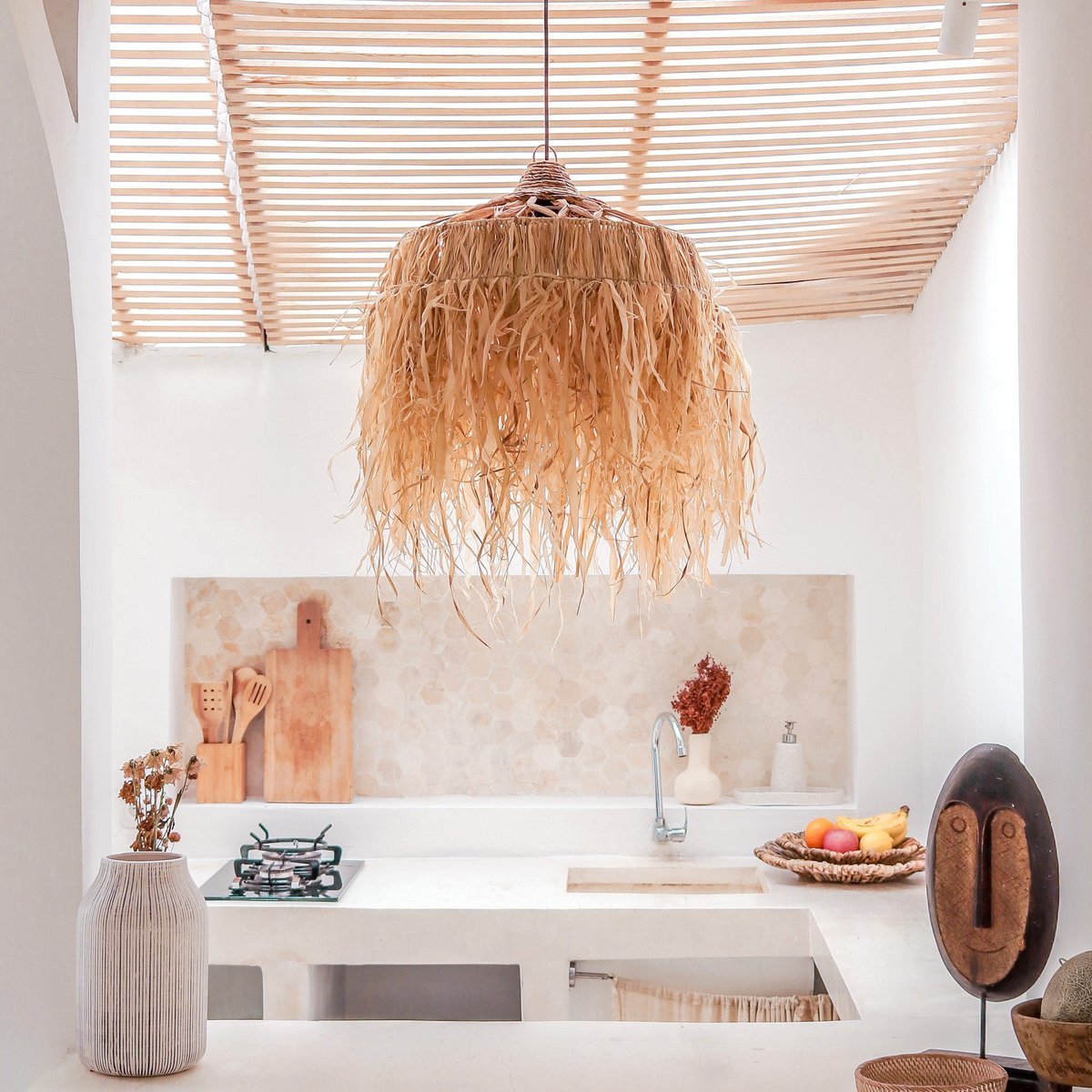 Raffia Lamp KAWI handwoven basket lighting with organic texture