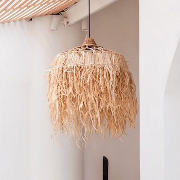 Raffia Pendant Lamp KAWI handmade basket with long fringes for decor