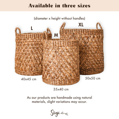 RAJA Round Woven Laundry Basket – Large Boho Water Hyacinth Hamper - CozyVibe.eu