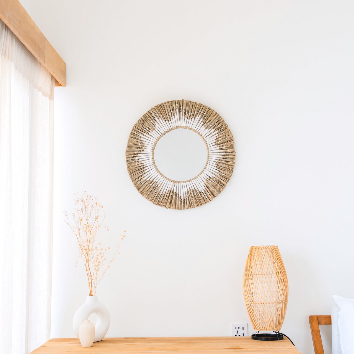 RANDU boho wall mirror seagrass basket with cotton fringe design