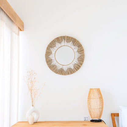 RANDU boho wall mirror seagrass basket with cotton fringe design