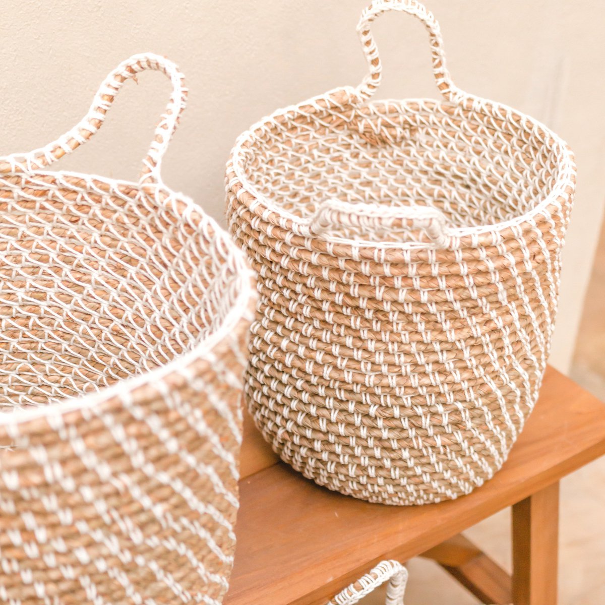Round Banana Fibre Basket with Cotton Macrame decorative storage