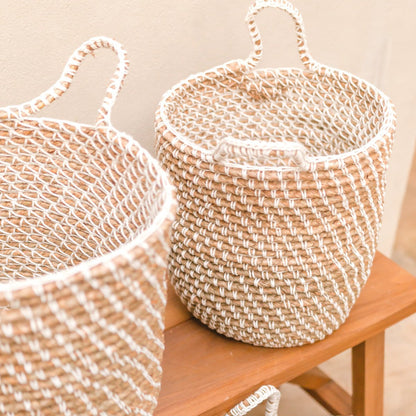 Round Banana Fibre Basket with Cotton Macrame decorative storage
