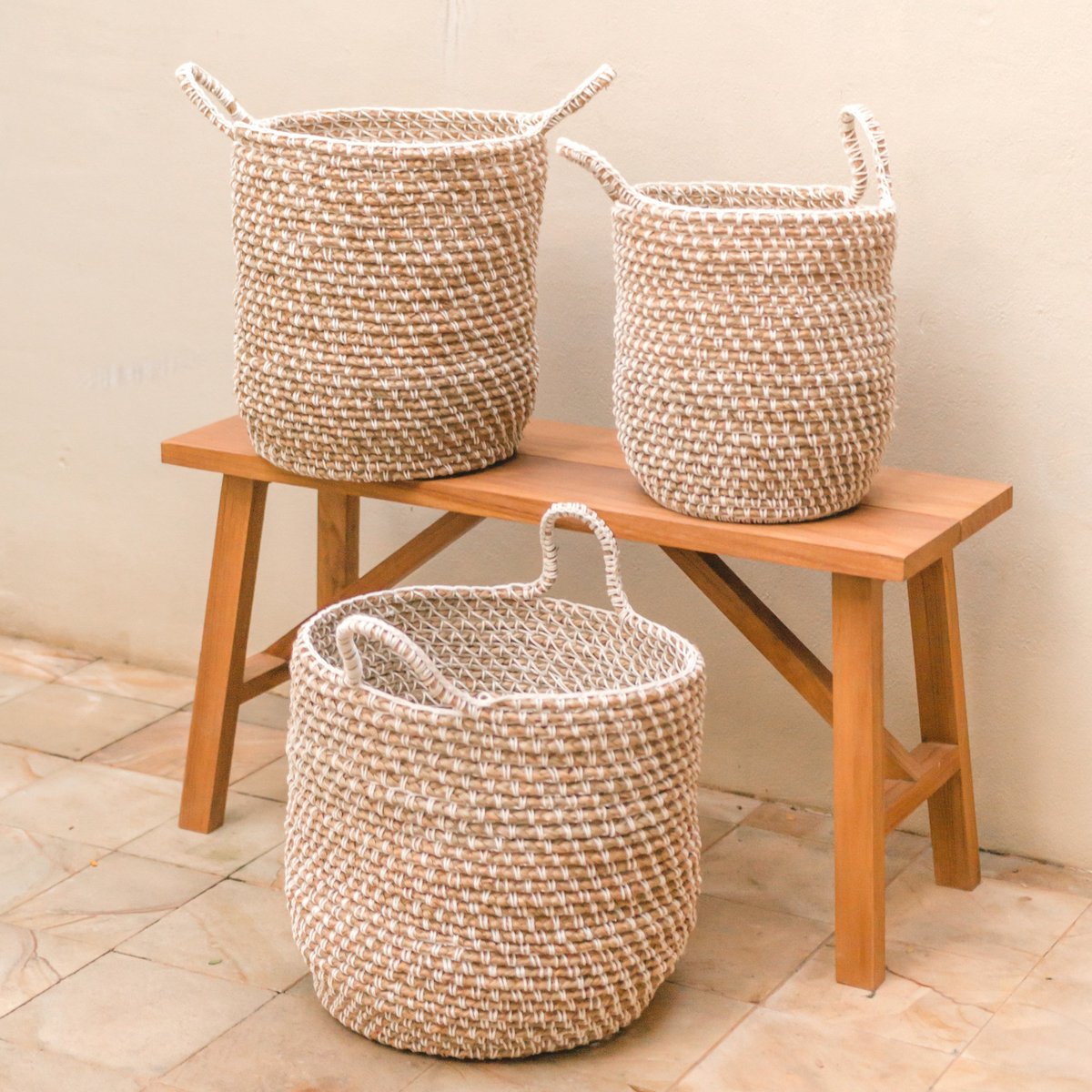 Round Banana Fibre Laundry Basket with Cotton Macrame handles for storage