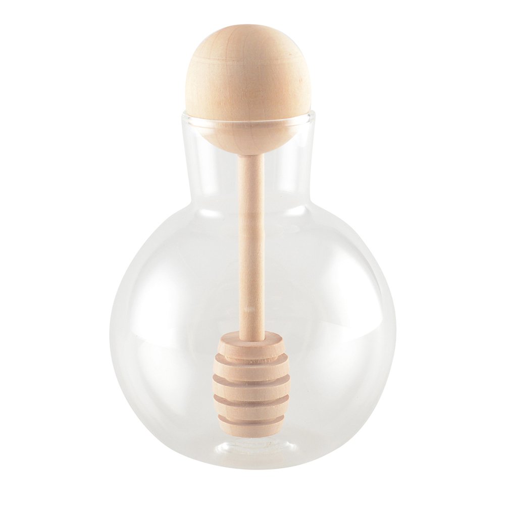 Round glass honey jar with wooden dipper for modern kitchens