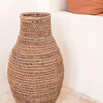 Sakra banana fibre basket vase with raffia handwoven texture