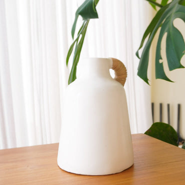 SANA Vase handmade clay basket with rattan handle accent