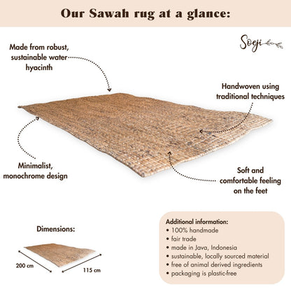 SAWAH water hyacinth rug, decorative handwoven carpet for cozy living spaces