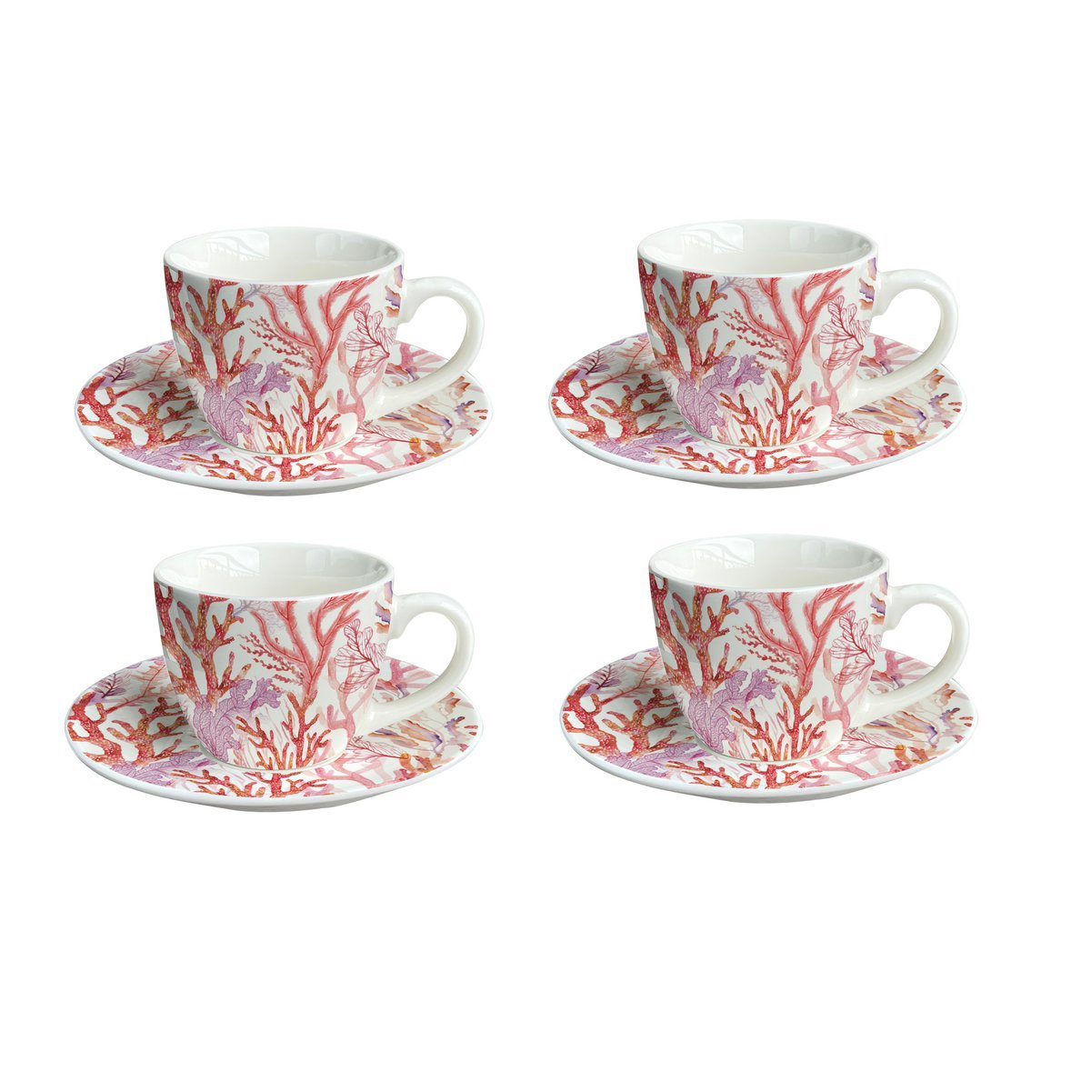 Set of 4 coffee cups and saucers - pink coral patters - CozyVibe.eu