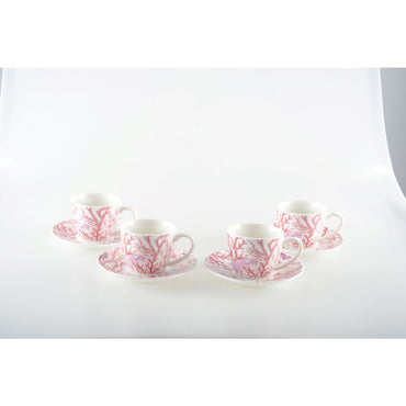 Set of 4 coffee cups and saucers - pink coral patters - CozyVibe.eu